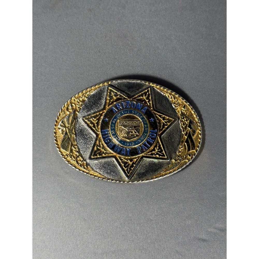 Vintage Creative Casting Arizona Patrol Belt Buckle Silver Gold Western